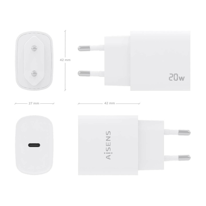Cargador de Pared AISENS 1xUSB-C 20W Blanco (A110-0752)