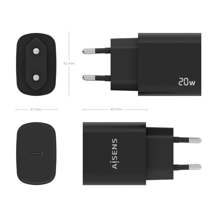 Cargador de Pared AISENS 1xUSB-C 20W Negro (A110-0753)