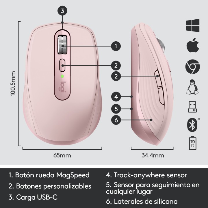 Ratón LOGITECH Anywhere 3 Láser RF BT Rosa (910-005990)