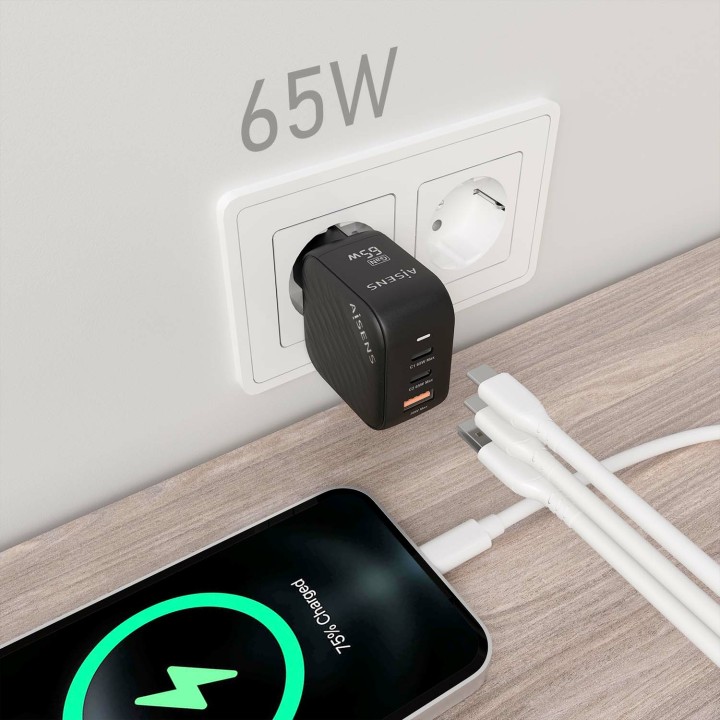 Cargador Pared AISENS USB-A USB-C 65W(ASCH-65W3P027-BK)