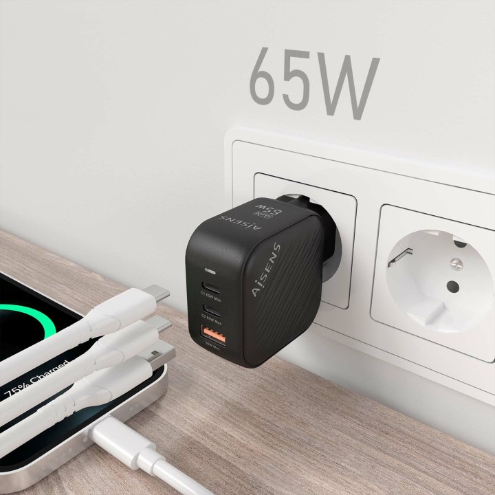 Cargador Pared AISENS USB-A USB-C 65W(ASCH-65W3P027-BK)