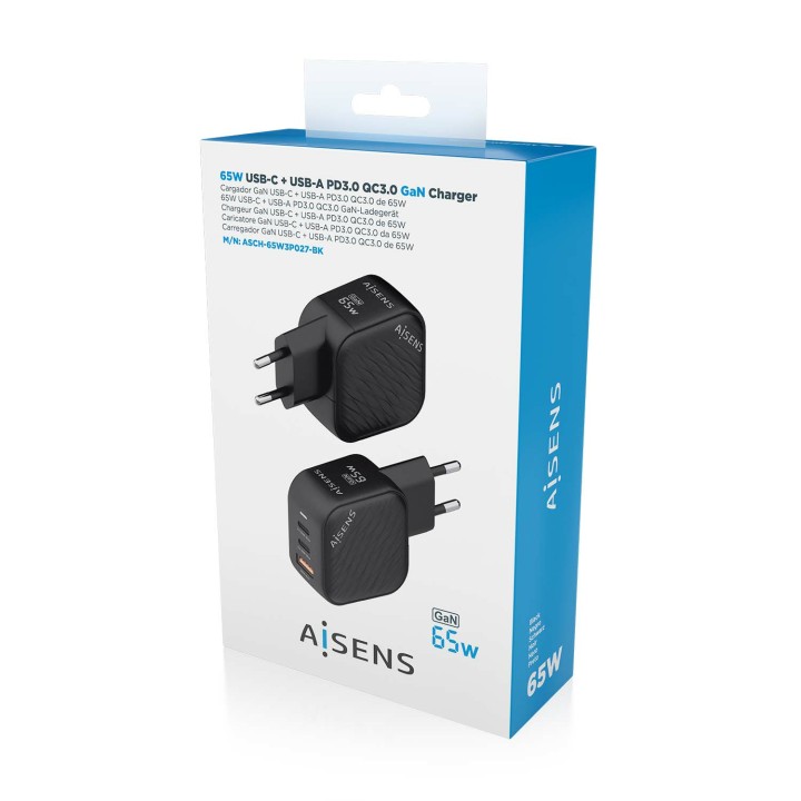 Cargador Pared AISENS USB-A USB-C 65W(ASCH-65W3P027-BK)