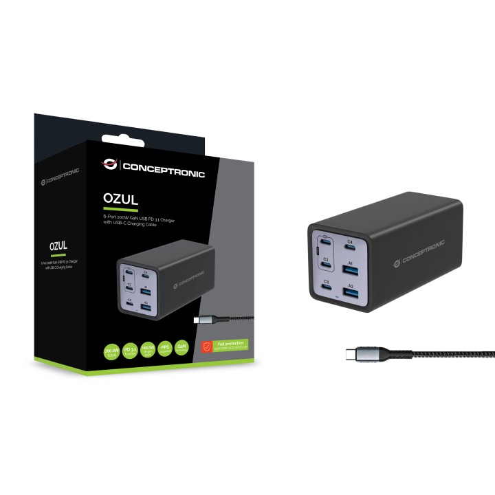 Cargador CONCEPTRONIC 200W USB-A/C Negro (OZUL06BE)