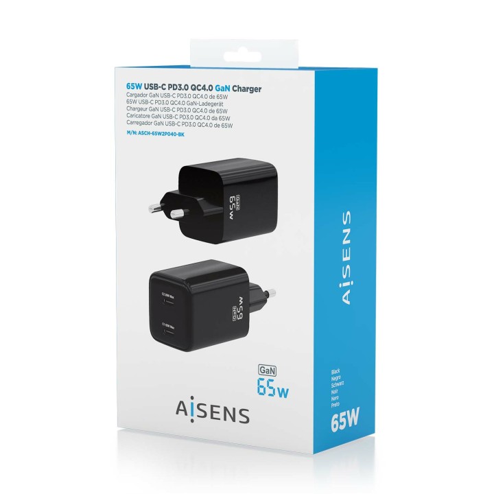 Cargador AISENS 2xUSB-C 65W Negro (ASCH-65W2P040-BK)
