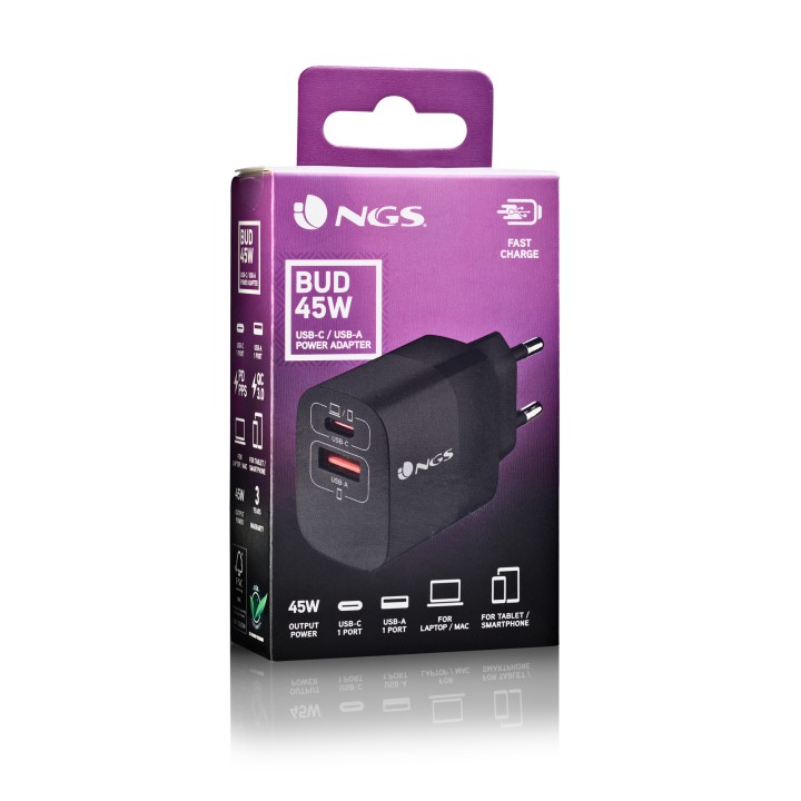 Cargador Pared NGS 1xUSB-C 1xUSB-A 45W Negro (BUD45W)