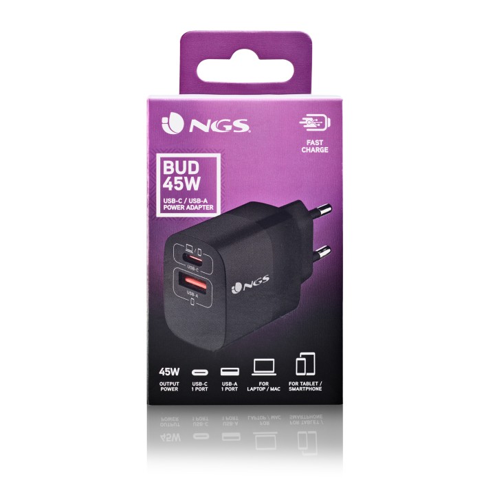 Cargador Pared NGS 1xUSB-C 1xUSB-A 45W Negro (BUD45W)