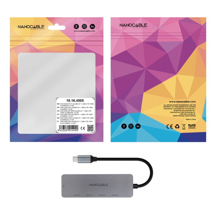 Hub Nanocable USB-C a 4xUSB-C DP 100W Gris (10.16.4505)