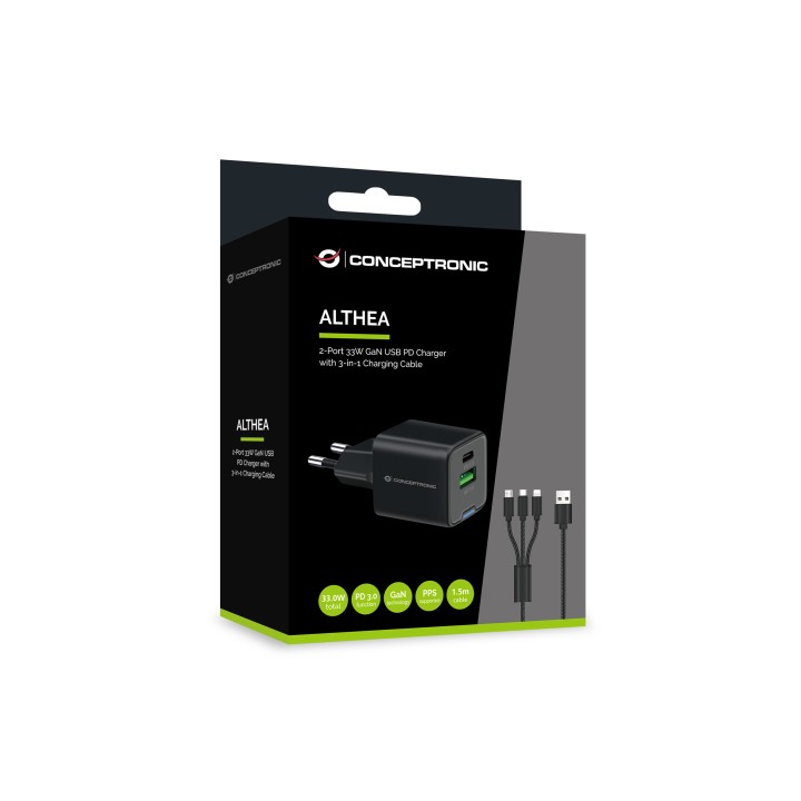 Cargador Pared CONCEPTRONIC USB-A/C GaN 33W (ALTHEA16B)