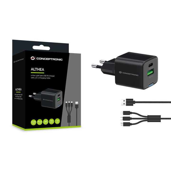 Cargador Pared CONCEPTRONIC USB-A/C GaN 33W (ALTHEA16B)