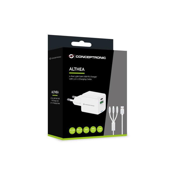 Cargador Pared CONCEPTRONIC USB-A/C GaN 33W (ALTHEA16W)