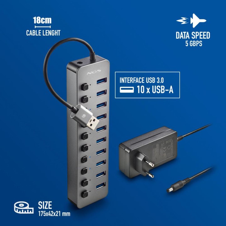 Hub NGS 10xUSB 3.0 con Interruptores Gris (IHUB10)
