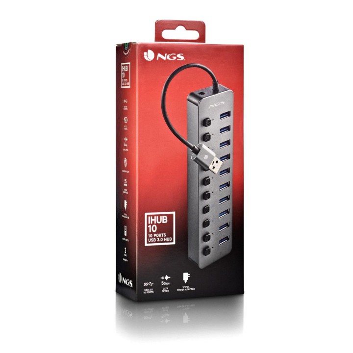 Hub NGS 10xUSB 3.0 con Interruptores Gris (IHUB10)
