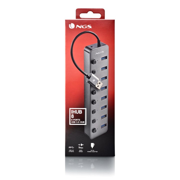 Hub NGS USB-A 2.0 a 8xUSB-A 3.0 Gris (IHUB8)