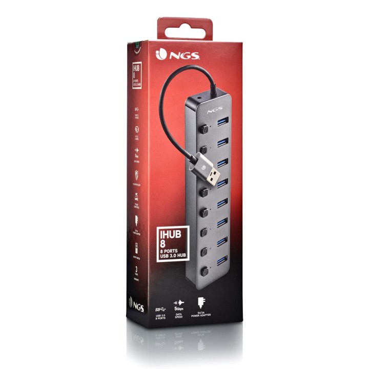 Hub NGS USB-A 2.0 a 8xUSB-A 3.0 Gris (IHUB8)