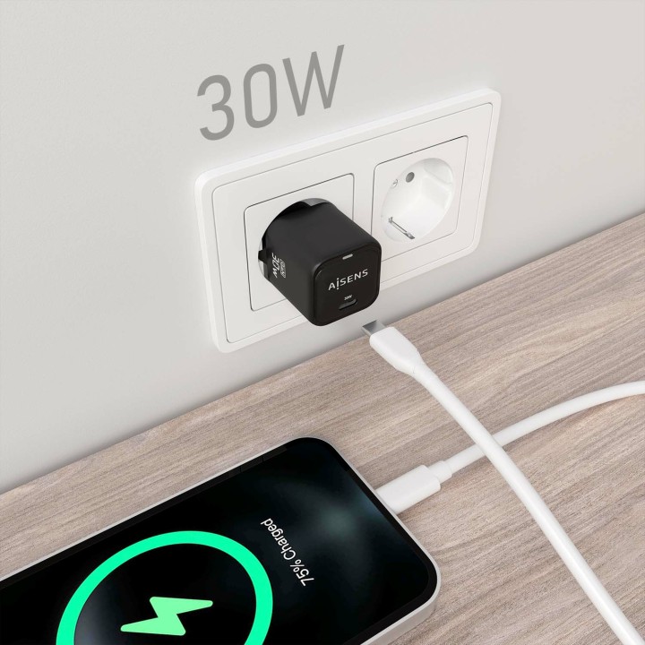 Cargador AISENS GaN 30W 1USB-C Negro (ASCH-30W1P019-BK)