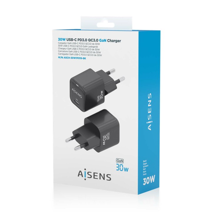 Cargador AISENS GaN 30W 1USB-C Negro (ASCH-30W1P019-BK)