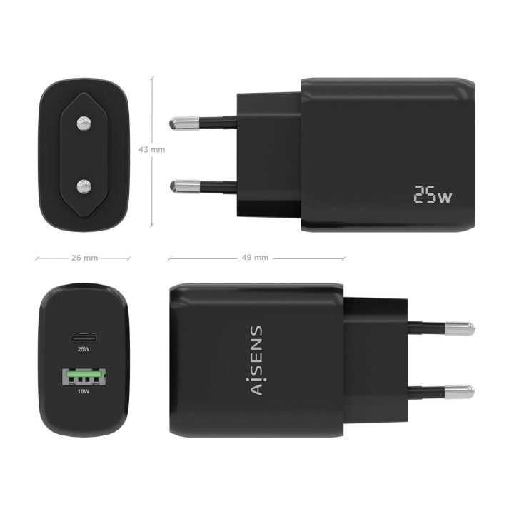 Cargador Pared AISENS USB-C USB-A 25W Negro (A110-0759)