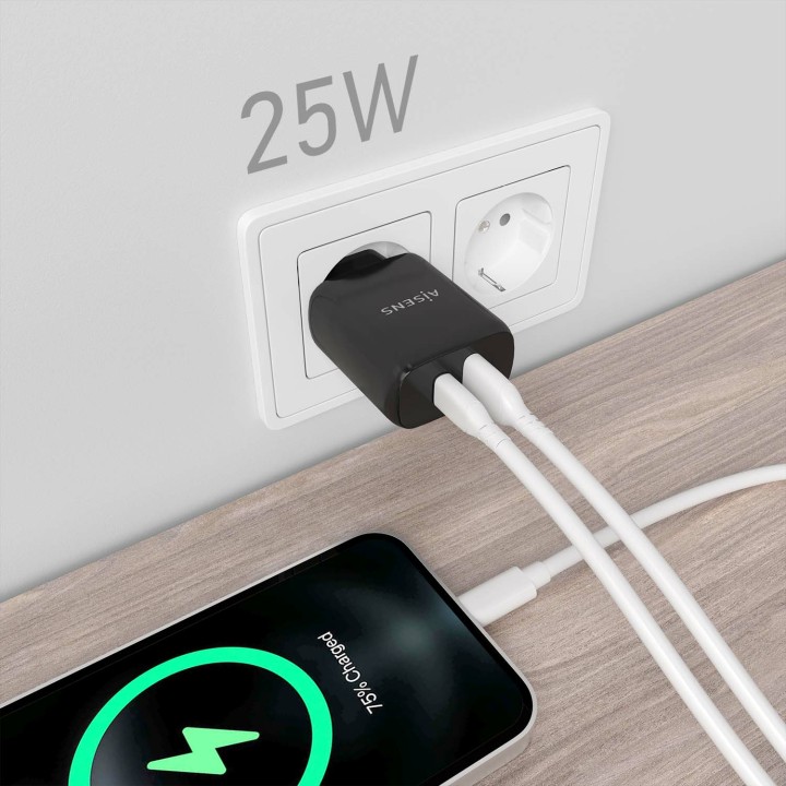 Cargador Pared AISENS USB-C USB-A 25W Negro (A110-0759)
