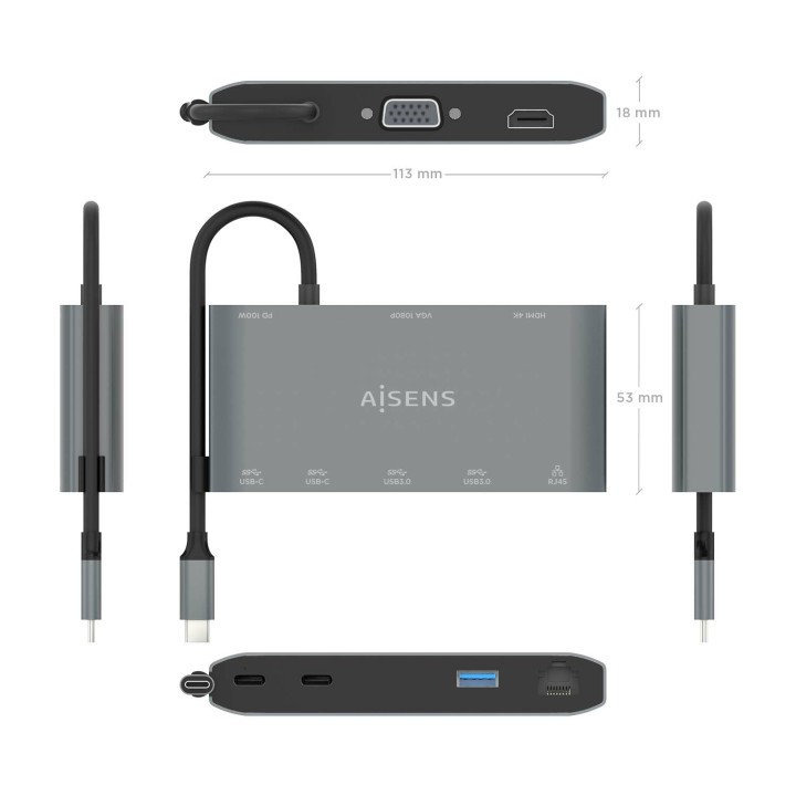Dock Station AISENS USB-C a HDMI/USB/PD (ASUC-8P010-GR)