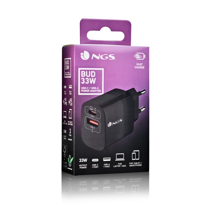 Cargador Pared NGS 1xUSB-C 1xUSB-A 33W Negro (BUD33W)