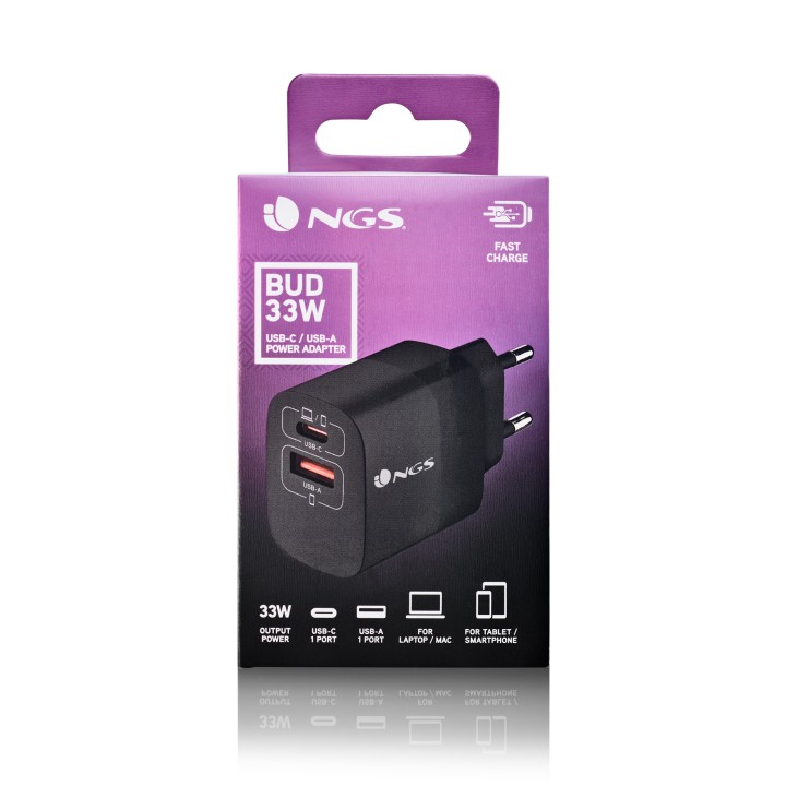 Cargador Pared NGS 1xUSB-C 1xUSB-A 33W Negro (BUD33W)