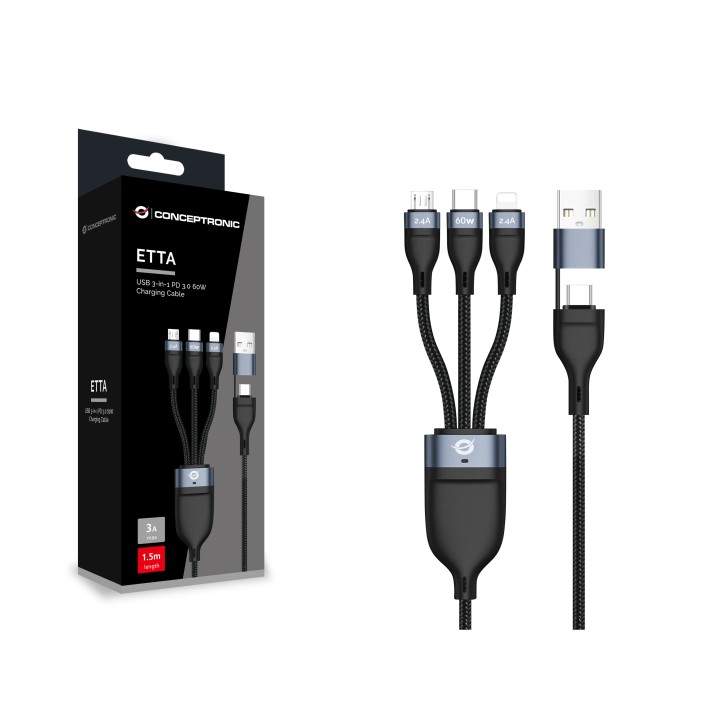 Cable CONCEPTRONIC USB-C/M 3en1 1.5m Negro (ETTA05B15)