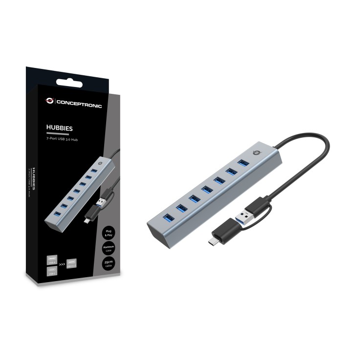 Hub CONCEPTRONIC USB-C 3.0 a 7xUSB-A Gris (HUBBIES21G)