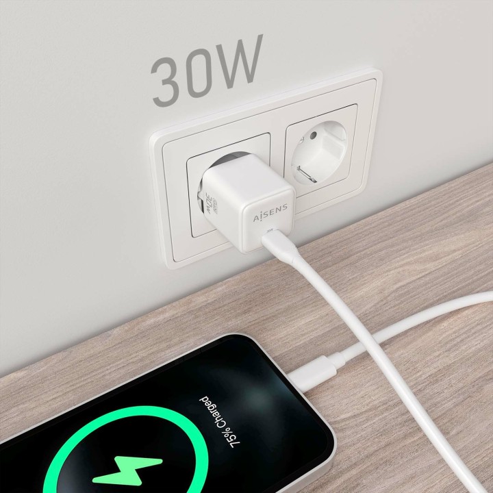 Cargador AISENS GaN 30W 1USB-C Blanco (ASCH-30W1P035-W)