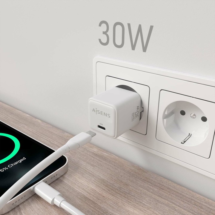 Cargador AISENS GaN 30W 1USB-C Blanco (ASCH-30W1P035-W)