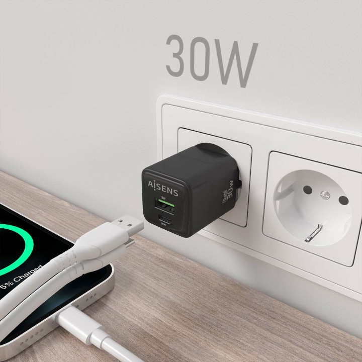 Cargador de Pared AISENS 30W Negro (ASCH-30W2P038-BK)