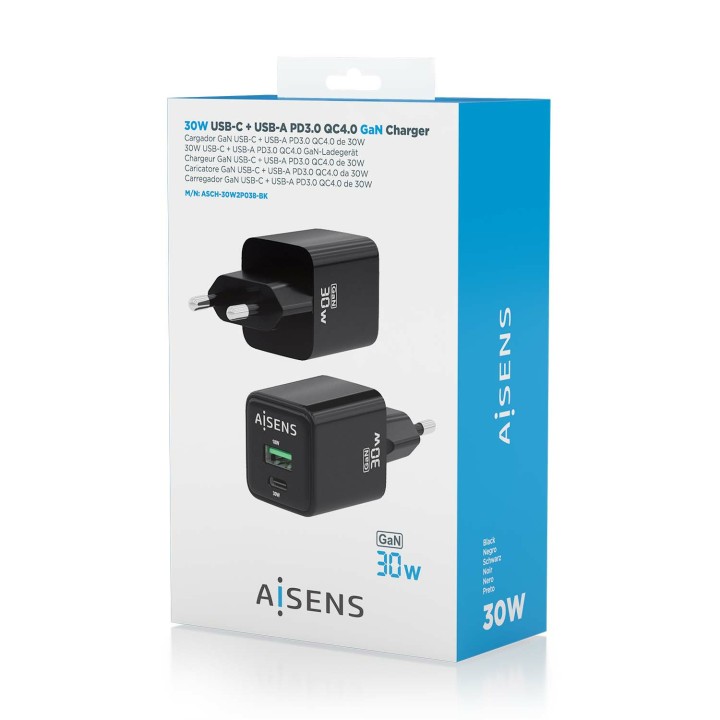 Cargador de Pared AISENS 30W Negro (ASCH-30W2P038-BK)