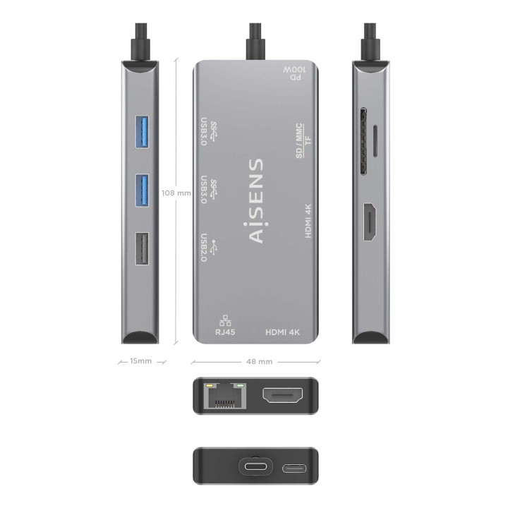 Dock AISENS USB-C a HDMI/USB/PD Gris (ASUC-6P018-GR)