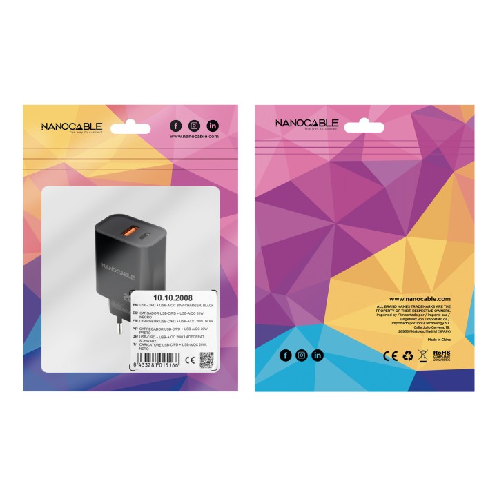 Cargador de Pared Nanocable USB-A/C Negro (10.10.2008)