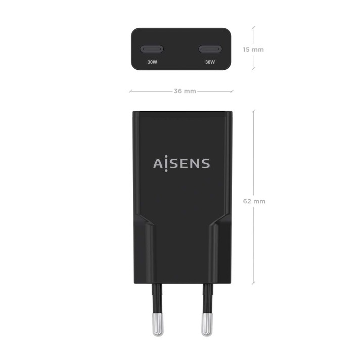 Cargador Pared AISENS 2USB-C 30W Negr(ASCH-30W2P049-BK)