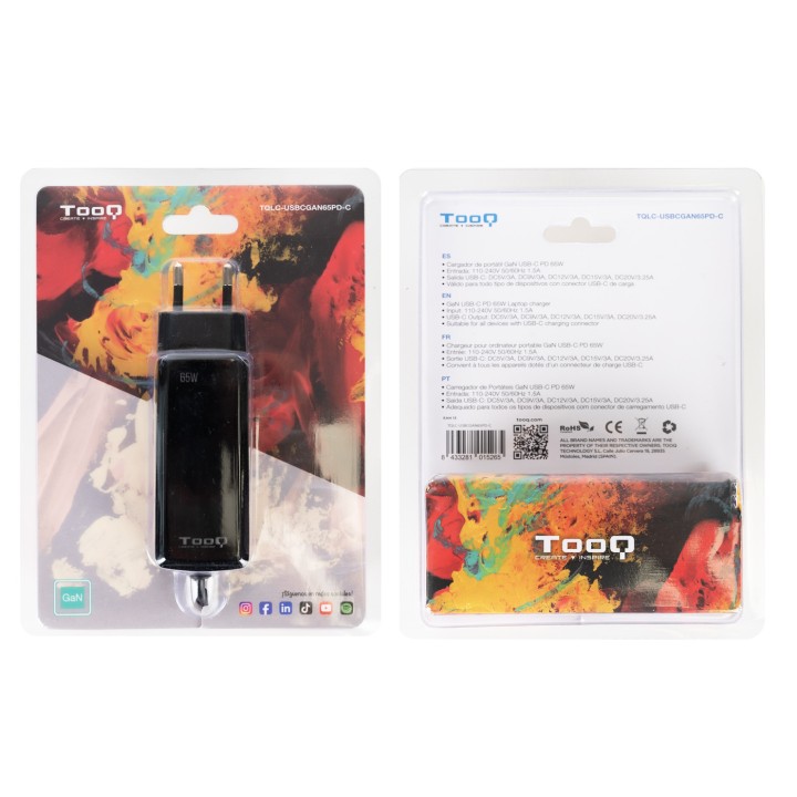Cargador TooQ USB-C PD 65W Negro (TQLC-USBCGAN65PD-C)
