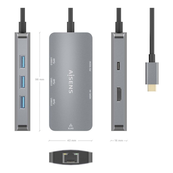 Dock AISENS USB-C a HDMI/USB/PD Gris (ASUC-6P019-GR)