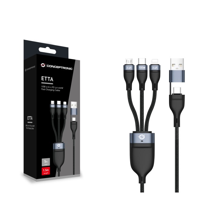 Cable CONCEPTRONIC Usb-C/A 3en1 1.5m Negro (ETTA06B15)