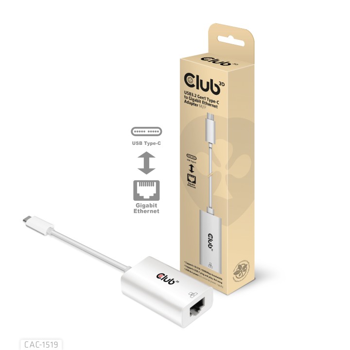 Adaptador Club 3D USB-C a RJ45 1Gbp M/H Blanco CAC-1519