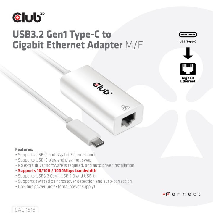 Adaptador Club 3D USB-C a RJ45 1Gbp M/H Blanco CAC-1519