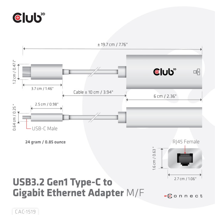 Adaptador Club 3D USB-C a RJ45 1Gbp M/H Blanco CAC-1519