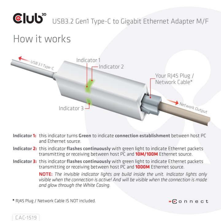 Adaptador Club 3D USB-C a RJ45 1Gbp M/H Blanco CAC-1519