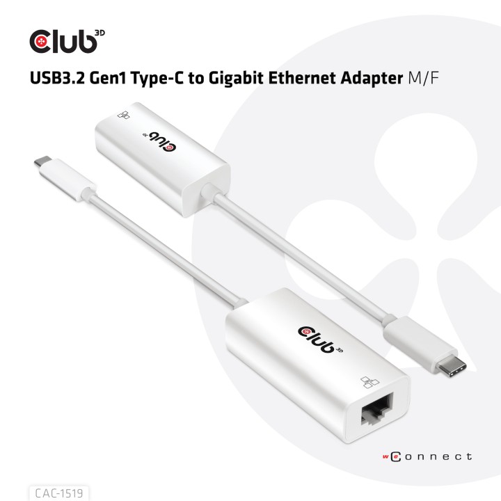 Adaptador Club 3D USB-C a RJ45 1Gbp M/H Blanco CAC-1519