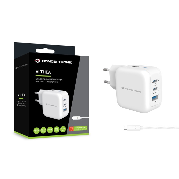 Cargador CONCEPTRONIC USB-A/C 67W Blanco (ALTHEA17W)
