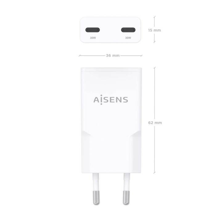 Cargador Pared AISENS USB-C 30W Blanco(ASCH-30W2P048-W)