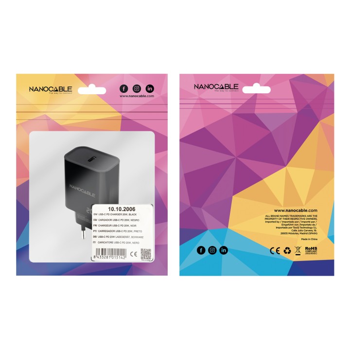 Cargador Pared Nanocable 1xUSB-C 20W Negro (10.10.2006)