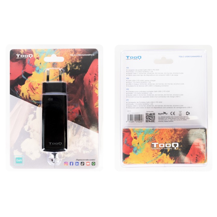 Cargador TooQ USB-C PD 45W Negro (TQLC-USBCGAN45PD-C)
