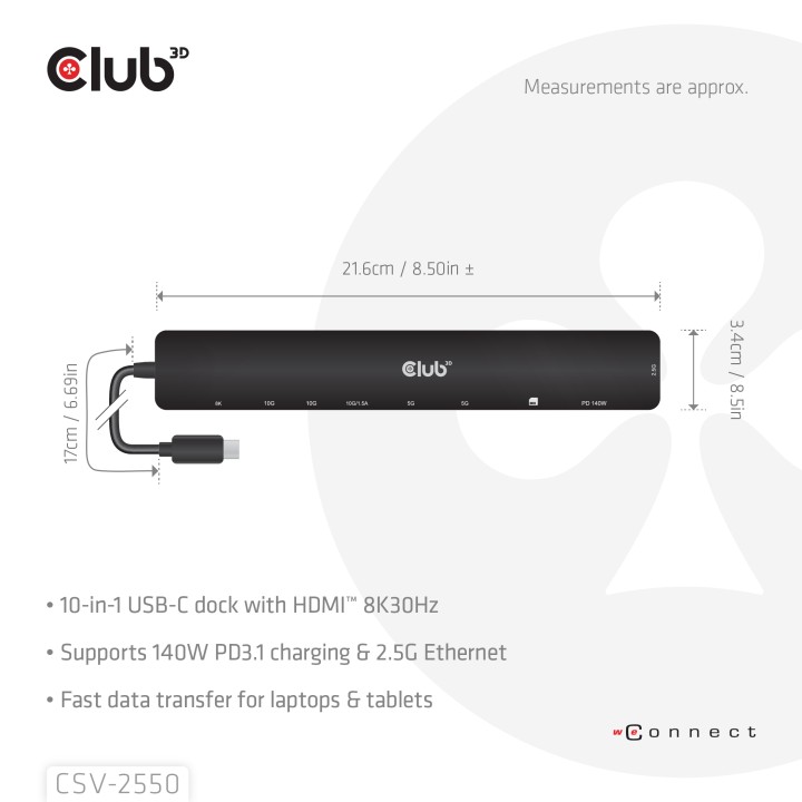 Docking Station Club 3D USB-C 10en1 10Gbs 140W CSV-2550