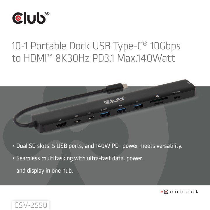 Docking Station Club 3D USB-C 10en1 10Gbs 140W CSV-2550