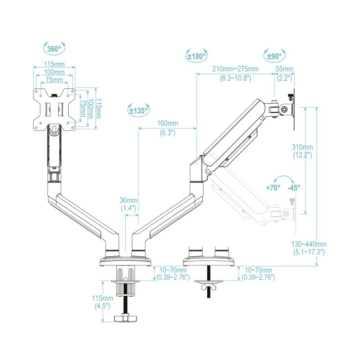Soporte Mesa TooQ 13"-34" 2 Brazos Negro (DB1434TNR-B)