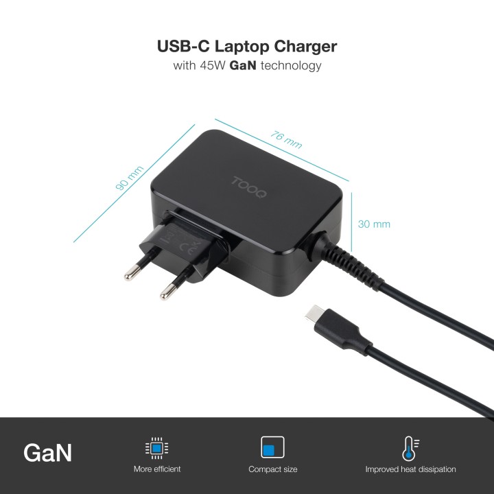 Cargador TooQ USB-C PD 45W Negro (TQLC-USBCGAN45PD)